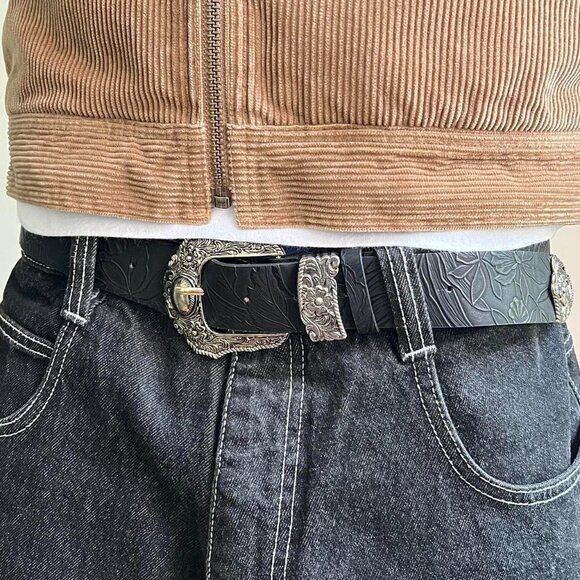 vintage style black American western floral silver boho belt - Picture 2 of 7